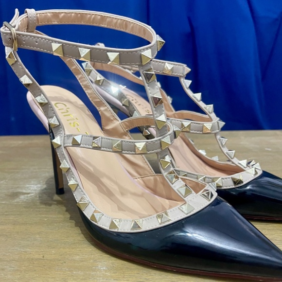 * Chris-T Women's Pointy Toe Buckle Sandals Studded Slingback Kitten Heels Studs - Picture 7 of 16